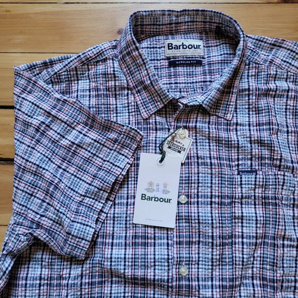 Barbour Seersucker Shirt Mens Medium Blue Plaid Button Up Preppy Camp Coastal